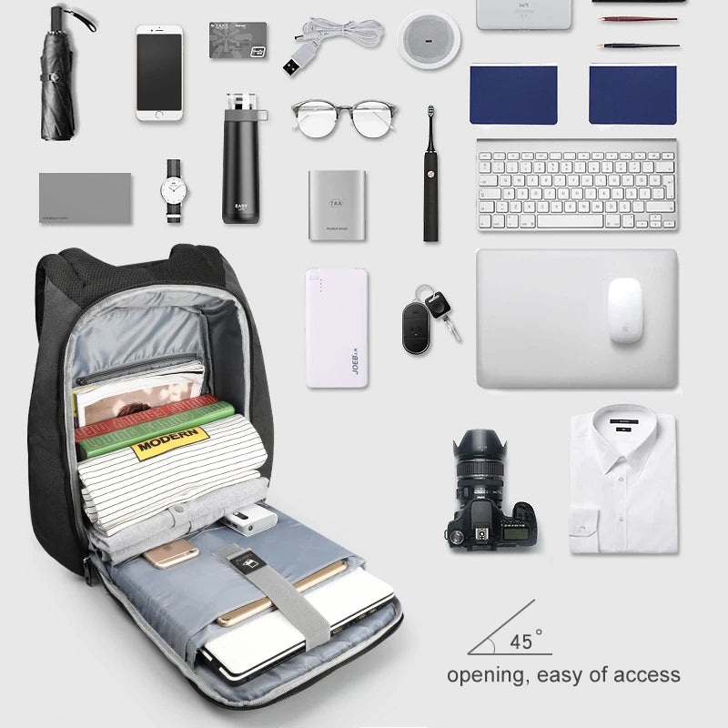 Sac à dos antivol avec tout les objets a l'intérieur